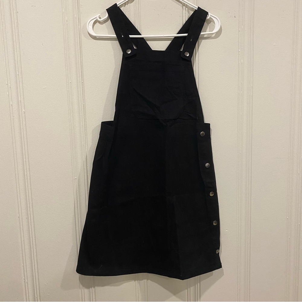 Womens overall dress transitional piece, black, with adjustable straps